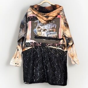 Upcycled No Boundaries Flannel Jacket 3X Hooded Lace Tunic Jukebox Graphic
